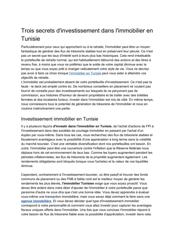 Trois secrets d'investissement dans l'immobilier en Tunisie