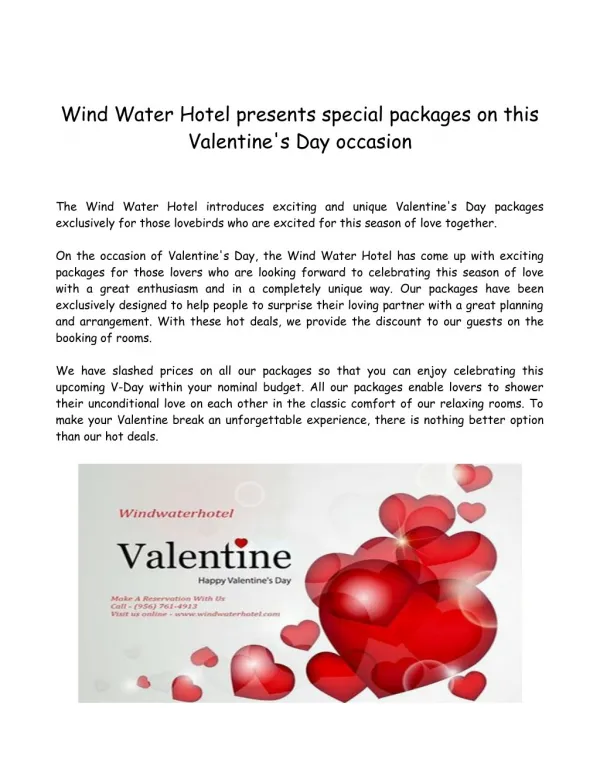 Wind Water Hotel presents special packages on this Valentine's Day occasion