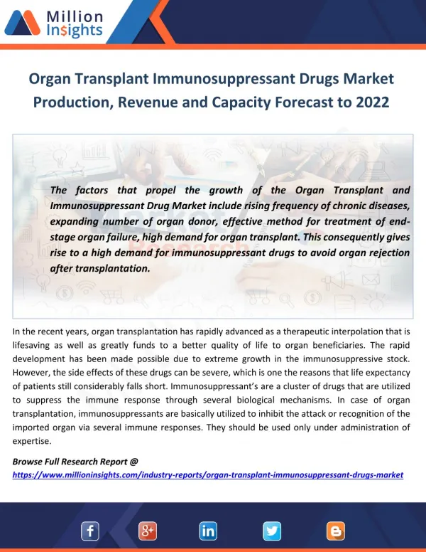 Organ Transplant Immunosuppressant Drugs Market Production, Revenue and Capacity Forecast to 2022