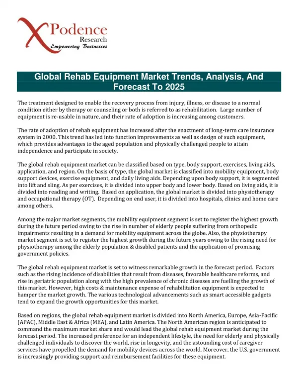 New report: Rehab Equipment Market analysis & forecast to 2025