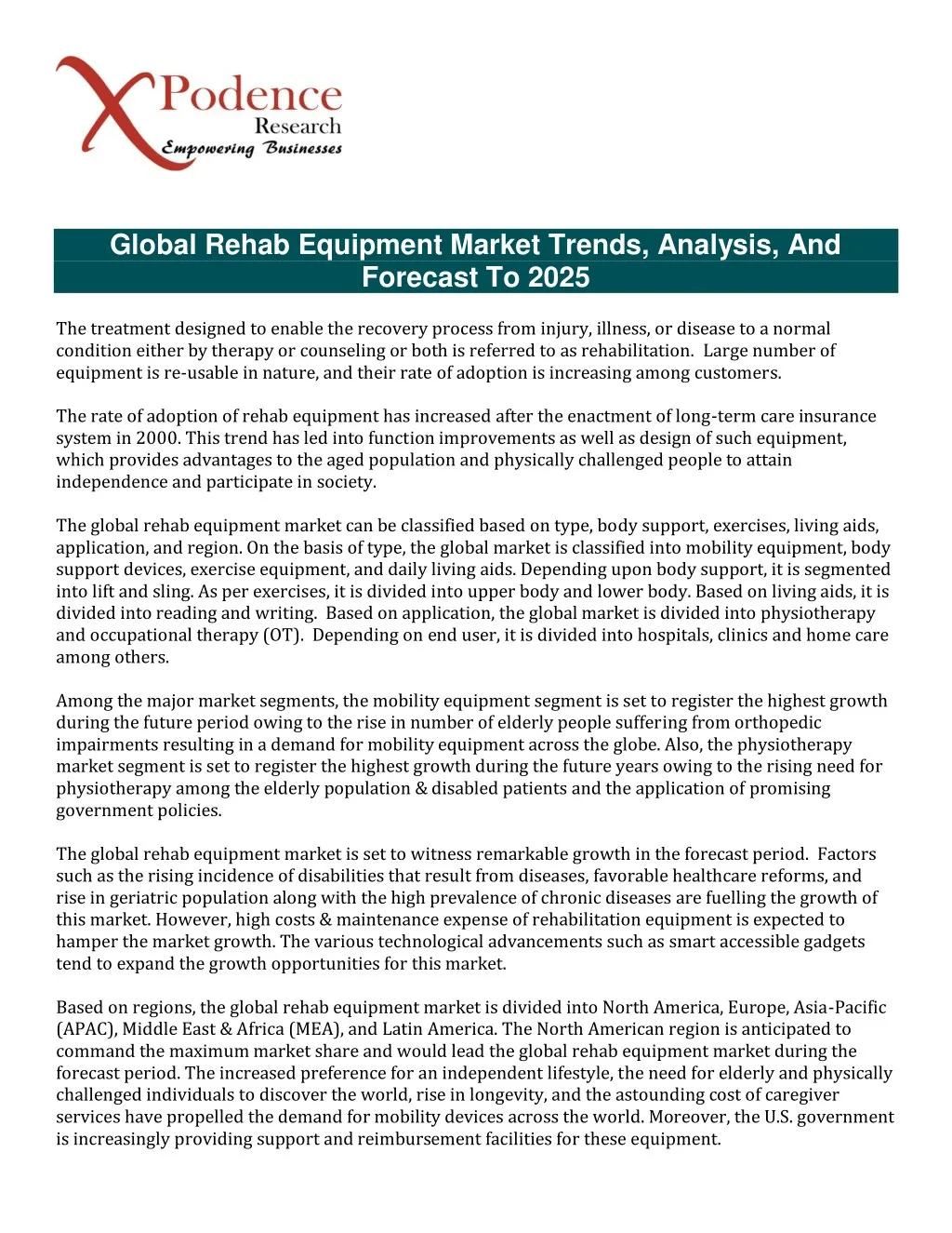 global rehab equipment market trends analysis