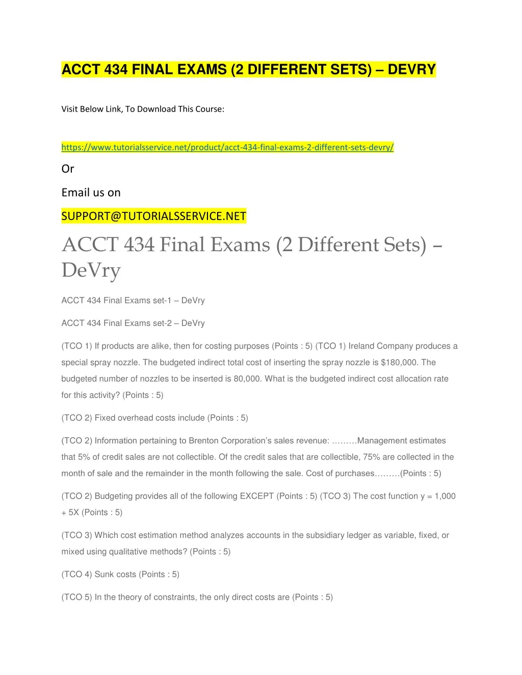 acct 434 final exams 2 different sets devry