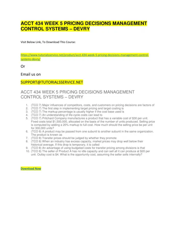 acct 434 week 5 pricing decisions management