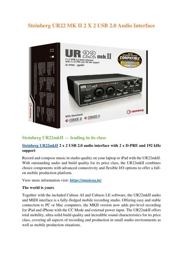 Steinberg UR22 MK II 2 X 2 USB 2.0 Audio Interface