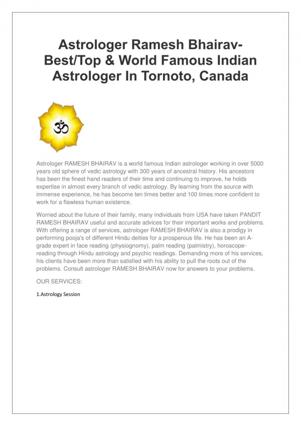 Astrologer Ramesh Bhairav-Best/Top & World Famous Indian Astrologer In Tornoto, Canada