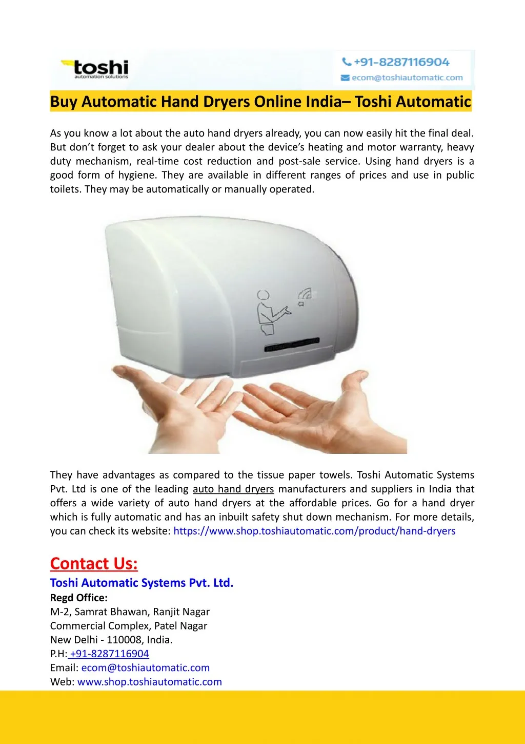 buy automatic hand dryers online india toshi
