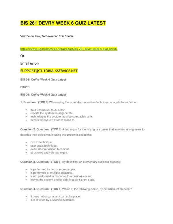bis 261 devry week 6 quiz latest