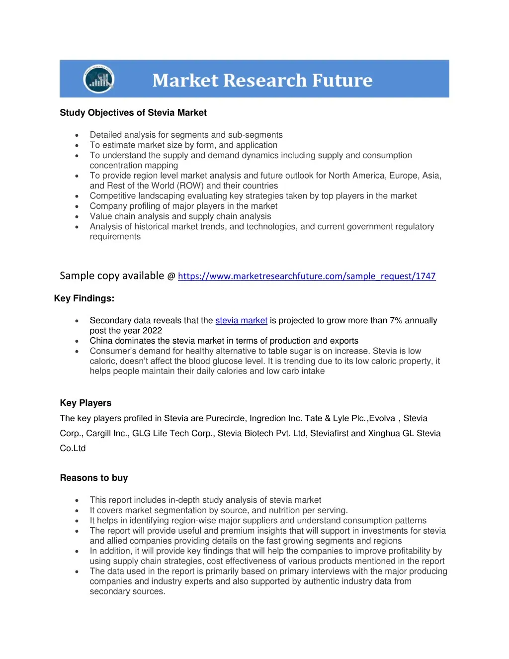 study objectives of stevia market
