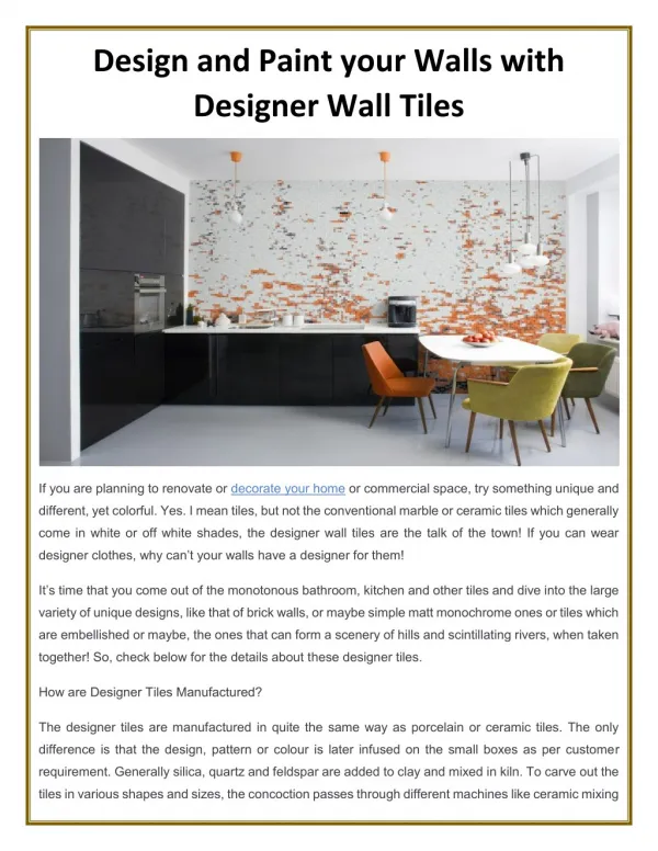Design and Paint your Walls with Designer Wall Tiles