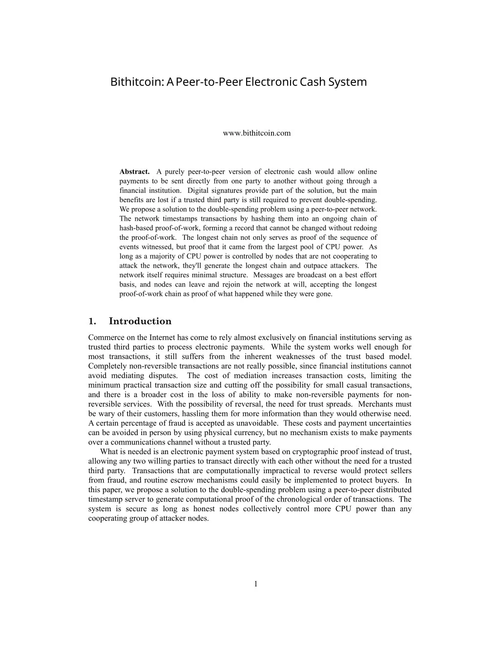bithitcoin a peer to peer electronic cash system