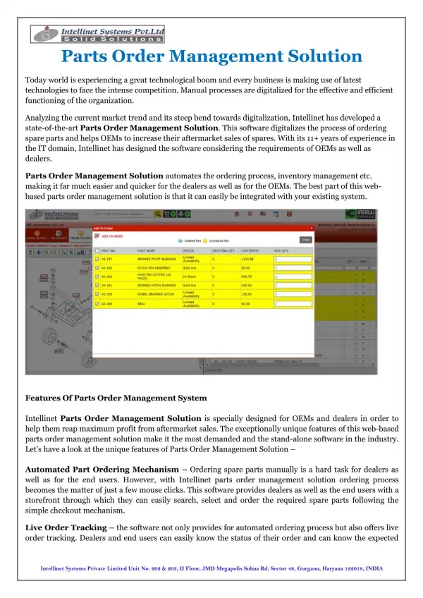 Parts Order Management Solution - Intellinet Systems Private Limited