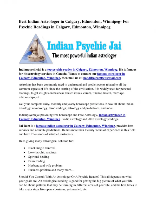 Best Indian Astrologer in Calgary, Edmonton, Winnipeg- For Psychic Readings in Calgary, Edmonton, Winnipeg