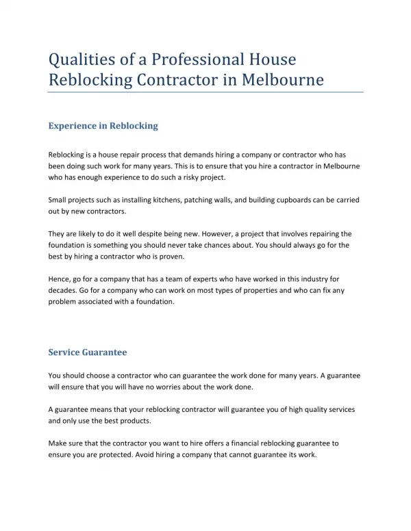 Qualities of a Professional House Reblocking Contractor in Melbourne