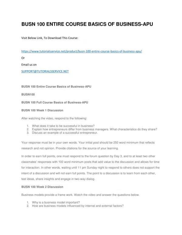 busn 100 entire course basics of business apu