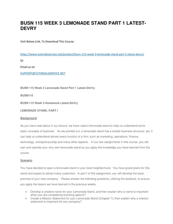 busn 115 week 3 lemonade stand part 1 latest devry