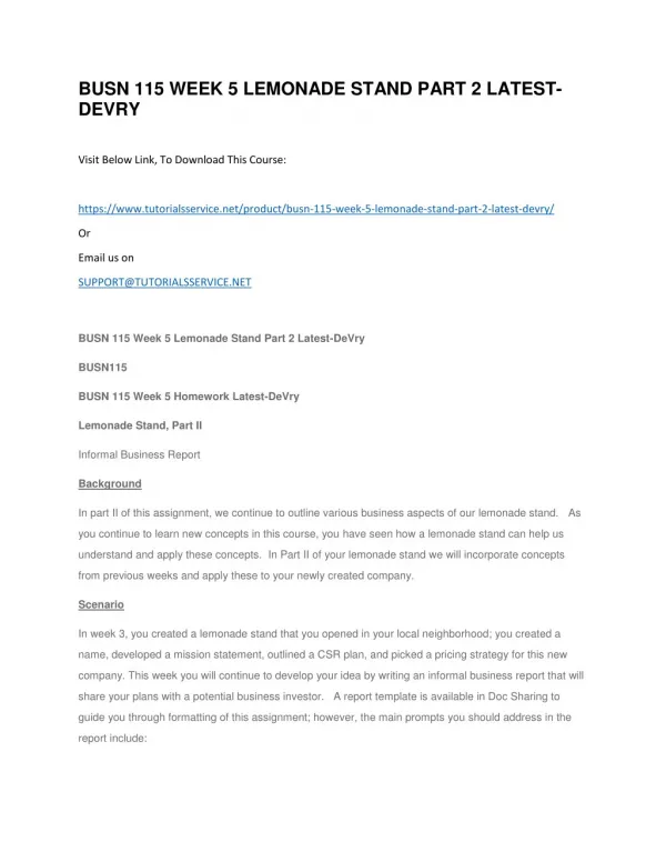 busn 115 week 5 lemonade stand part 2 latest devry