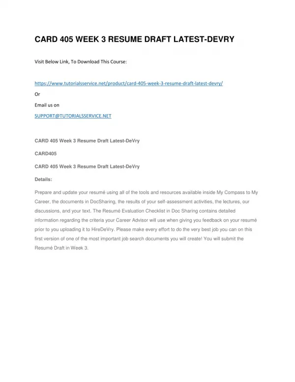 card 405 week 3 resume draft latest devry