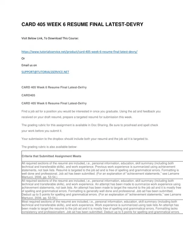 card 405 week 6 resume final latest devry