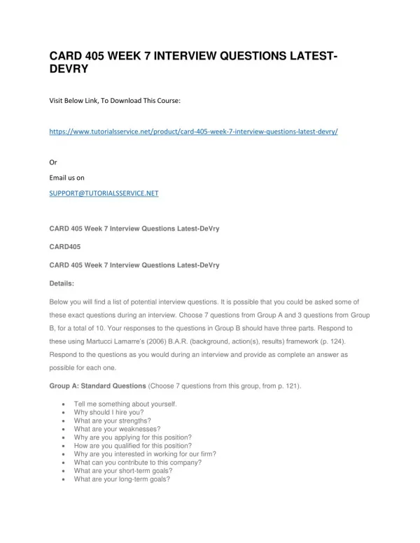 card 405 week 7 interview questions latest devry