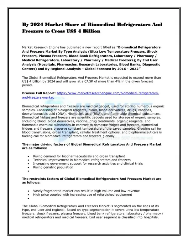 By 2024 Market Share of Biomedical Refrigerators And Freezers to Cross US$ 4 Billion