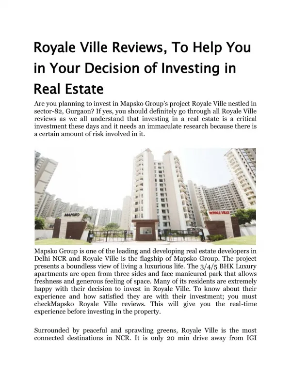 Royale Ville Reviews, To Help You in Your Decision of Investing in Real Estate