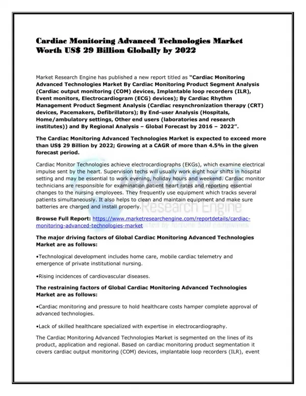 Cardiac Monitoring Advanced Technologies Market Worth US$ 29 Billion Globally by 2022