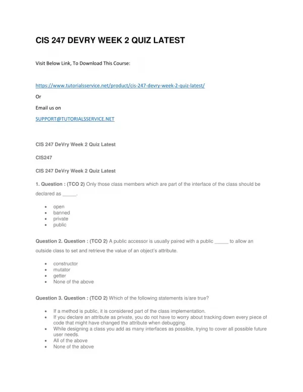 cis 247 devry week 2 quiz latest