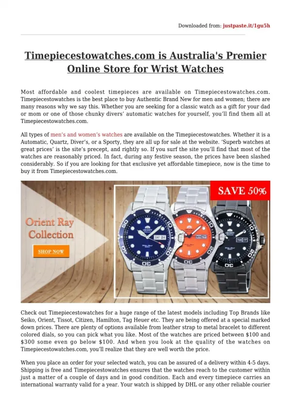 Timepiecestowatches.com is Australia's Premier Online Store for Wrist Watches