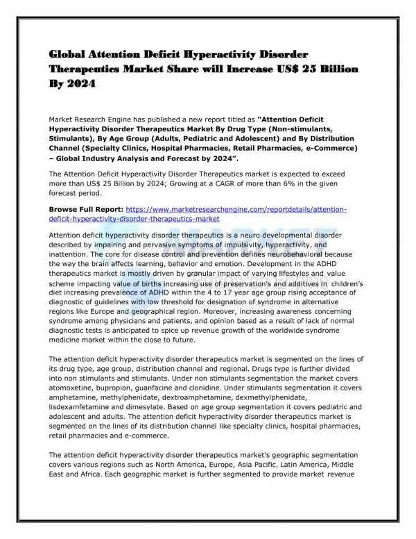 Global Attention Deficit Hyperactivity Disorder Therapeutics Market Share will Increase US$ 25 Billion By 2024