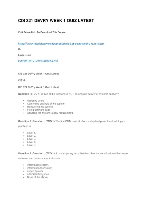 cis 321 devry week 1 quiz latest