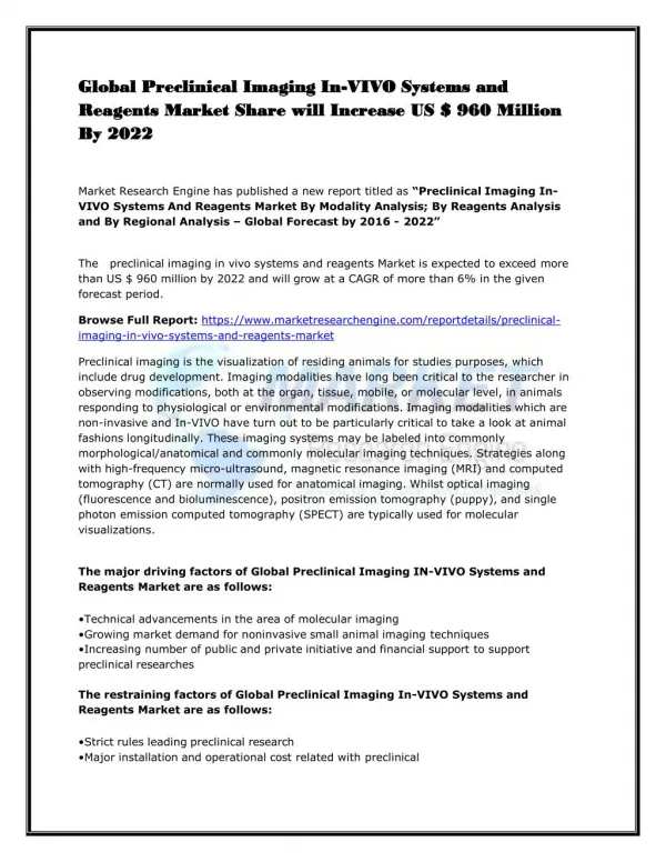 Global Preclinical Imaging In-VIVO Systems and Reagents Market Share will Increase US $ 960 Million By 2022