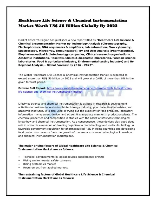 Healthcare Life Science & Chemical Instrumentation Market Worth US$ 56 Billion Globally By 2022