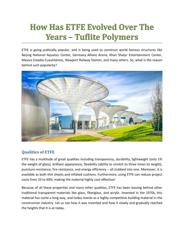 How Has ETFE Evolved Over The Years - Tuflite Polymers