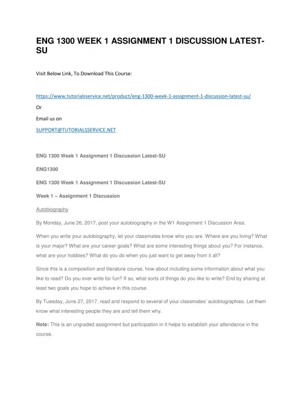 eng 1300 week 1 assignment 1 discussion latest su