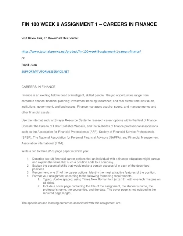 fin 100 week 8 assignment 1 careers in finance