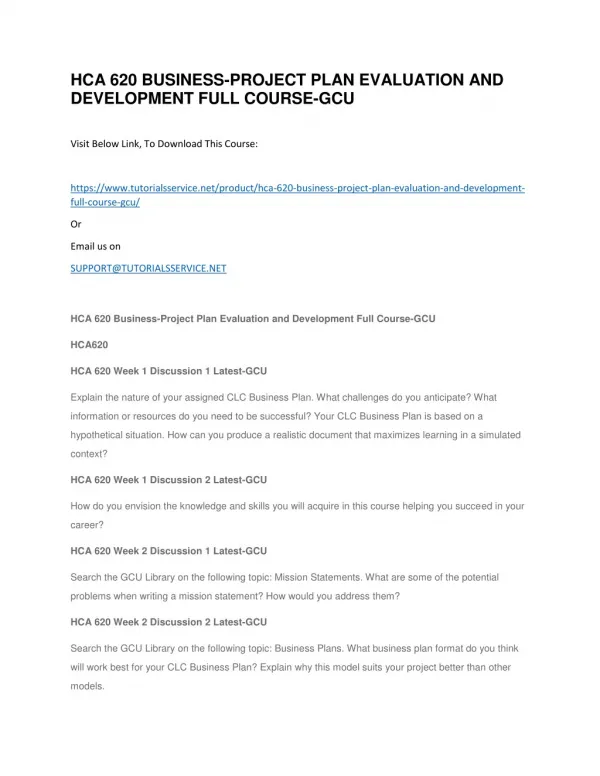 hca 620 business project plan evaluation