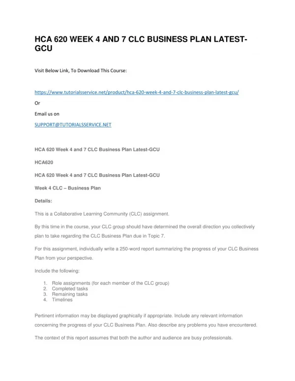 hca 620 week 4 and 7 clc business plan latest gcu