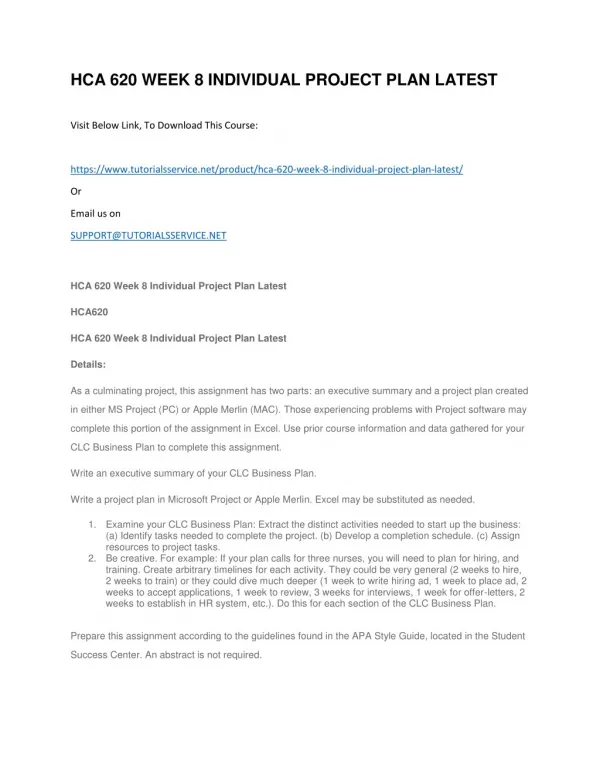 hca 620 week 8 individual project plan latest