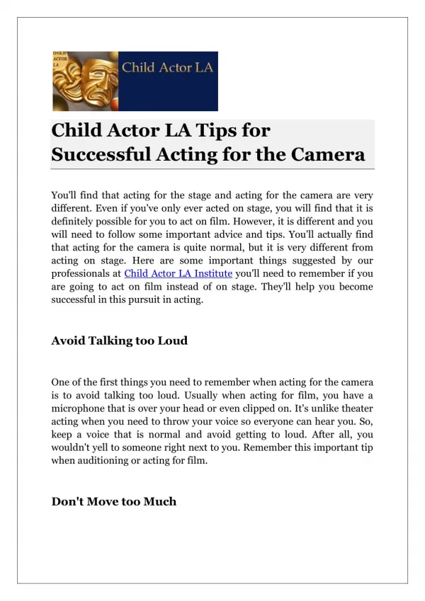 Child Actor LA Tips for Successful Acting for the Camera