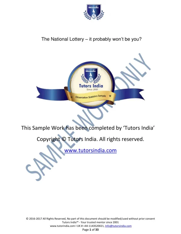 Sample Work for Dissertation Statistical Analysis Help | Tutors India