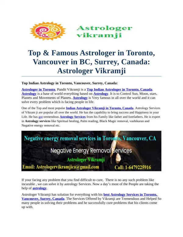 Top & Famous Astrologer in Toronto, Vancouver in BC, Surrey, Canada: Astrologer Vikramji