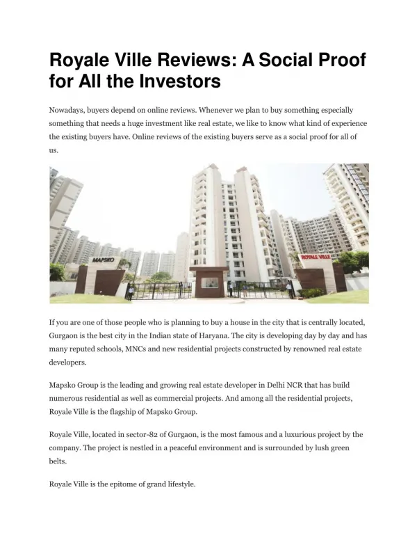 Royale Ville Reviews: A Social Proof for All the Investors