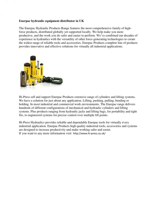 Enerpac hydraulic equipment distributor in UK