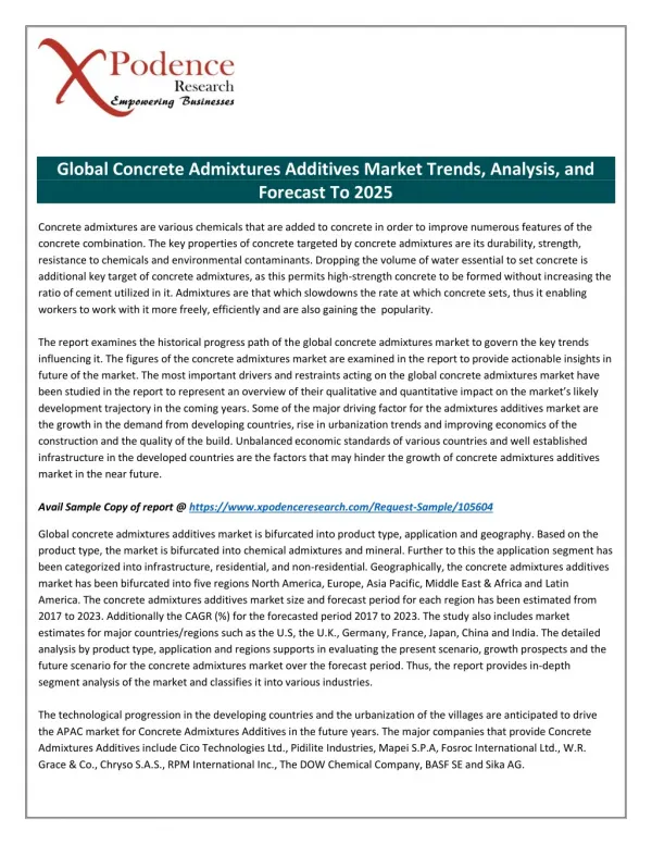 Global Concrete Admixtures Additives Market Is Expected To Earn Major Revenue during the Forecast Period