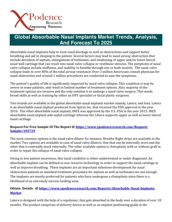 Absorbable Nasal Implants Market – Reduced Nasal Blockage Or Obstruction