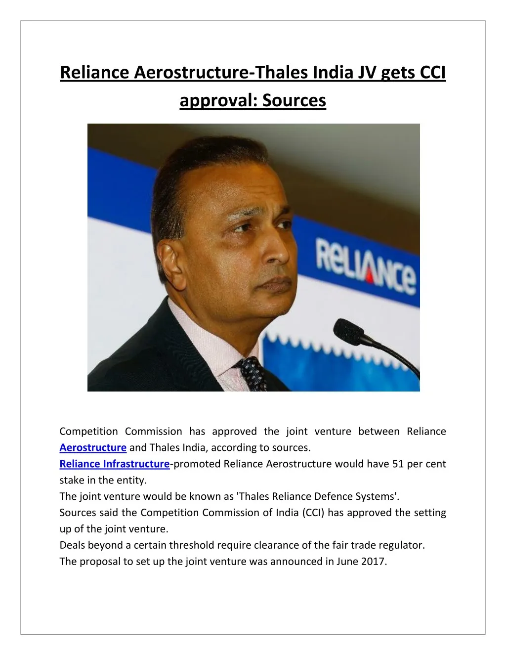 reliance aerostructure thales india jv gets