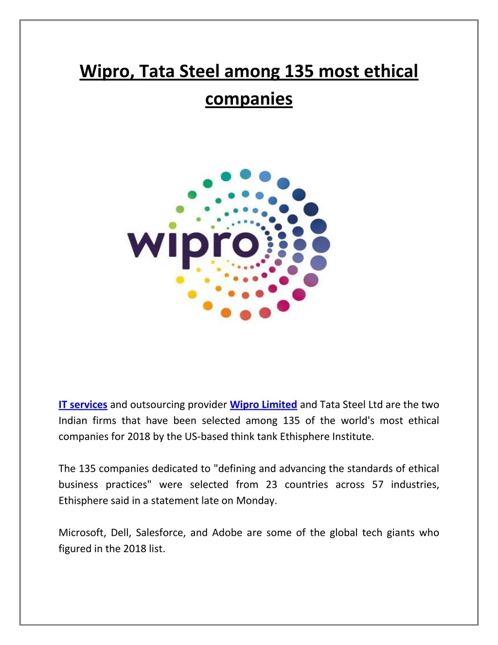 wipro tata steel among 135 most ethical companies