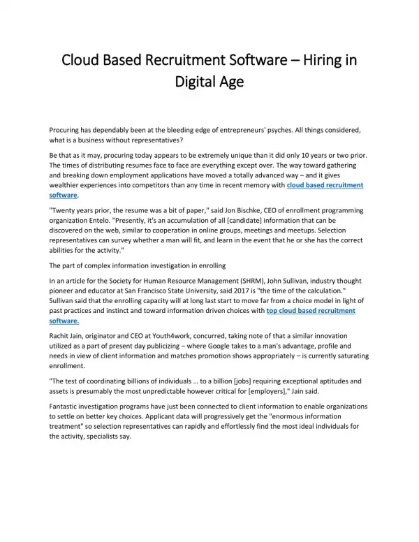 Cloud Based Recruitment Software â€“ Hiring in Digital Age