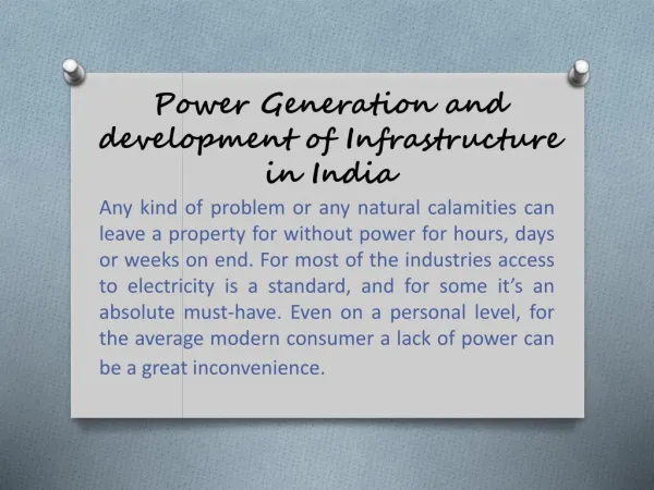 Power Generation and development of Infrastructure in India