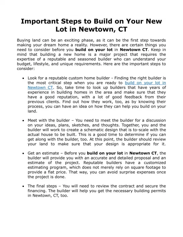 Important Steps to Build on Your New Lot in Newtown, CT
